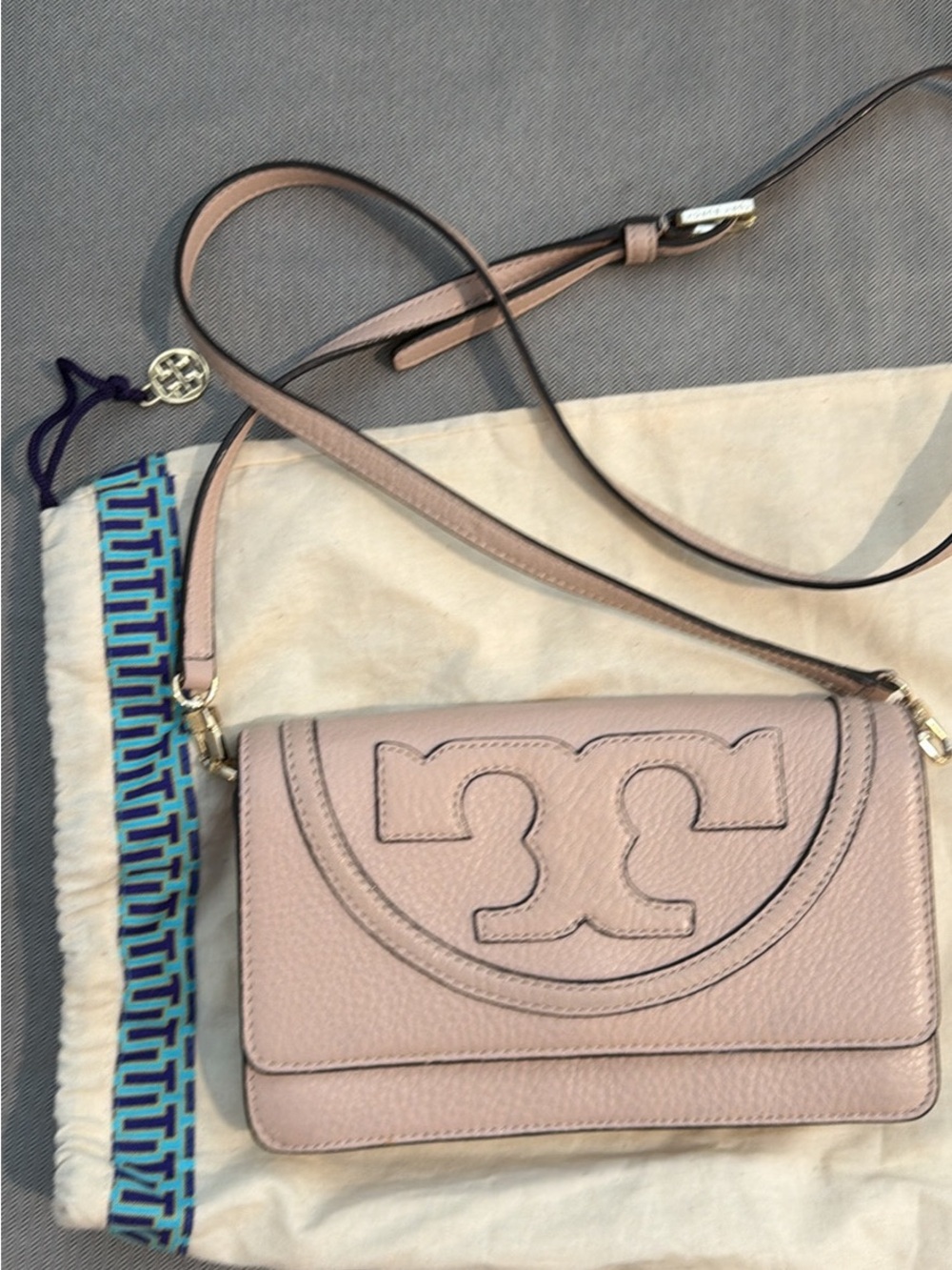 Tory Burch Blush Pink Pebbled Leather Crossbody with Logo Flap